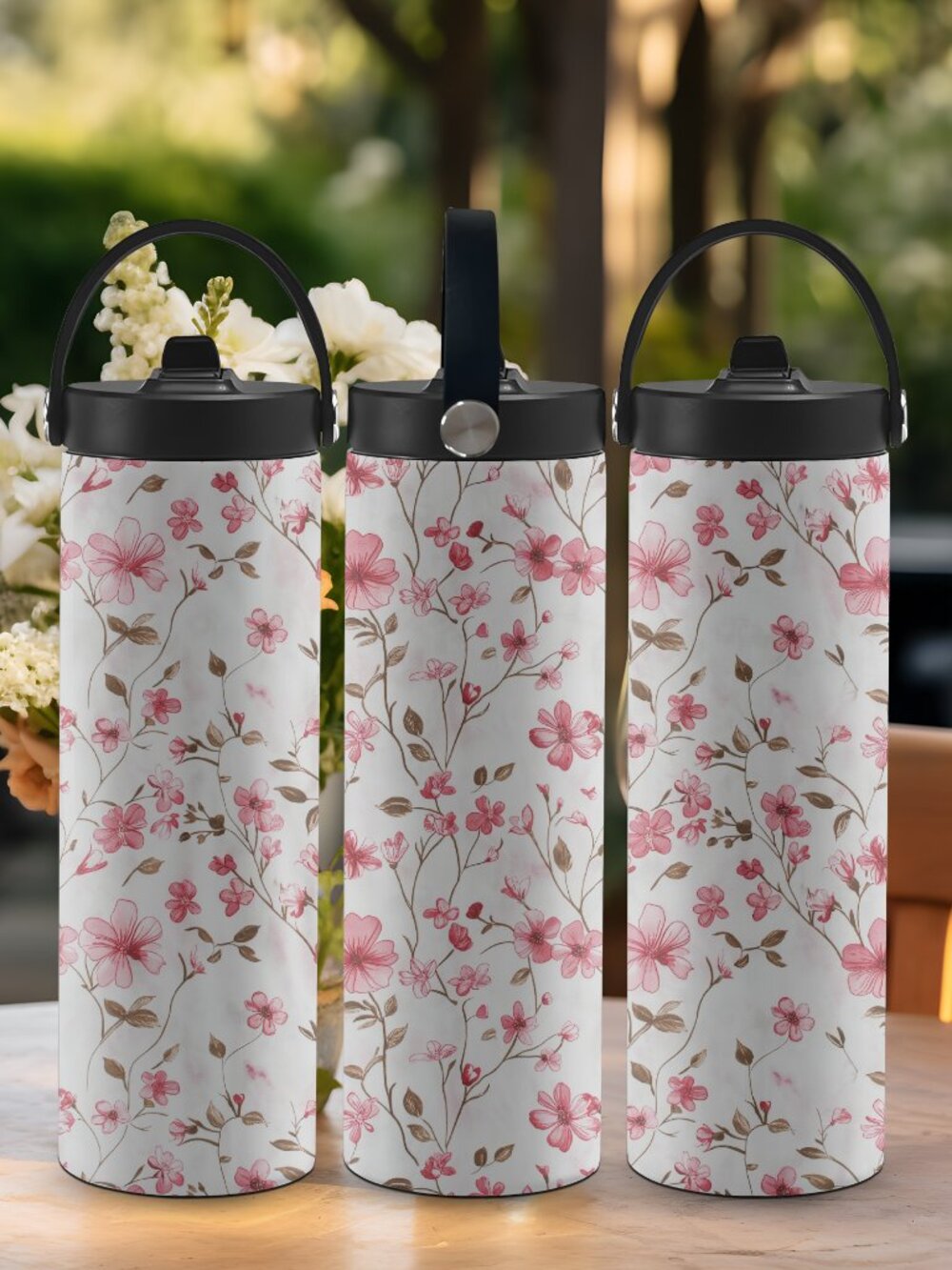 Pink Flowers Tumbler with Handle Lid, Girls Gift, Floral Mug